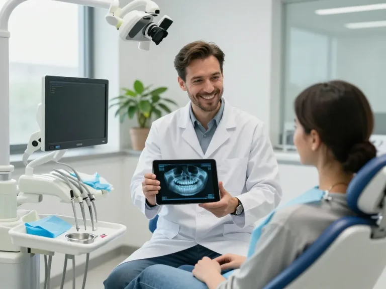 Dentist examining digital x-ray with patient in modern dental office.