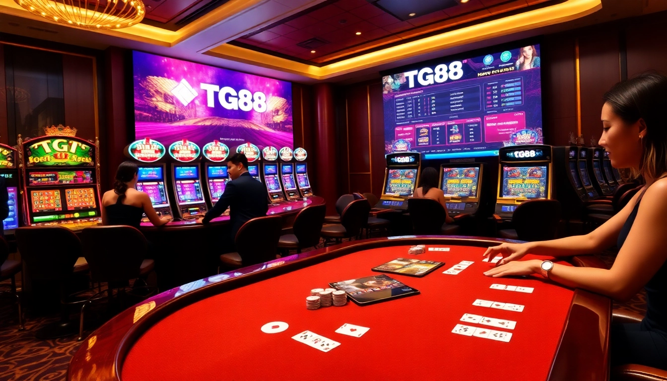 tg88 players enjoying a high-stakes game at an elegant casino table with vibrant slot machines.