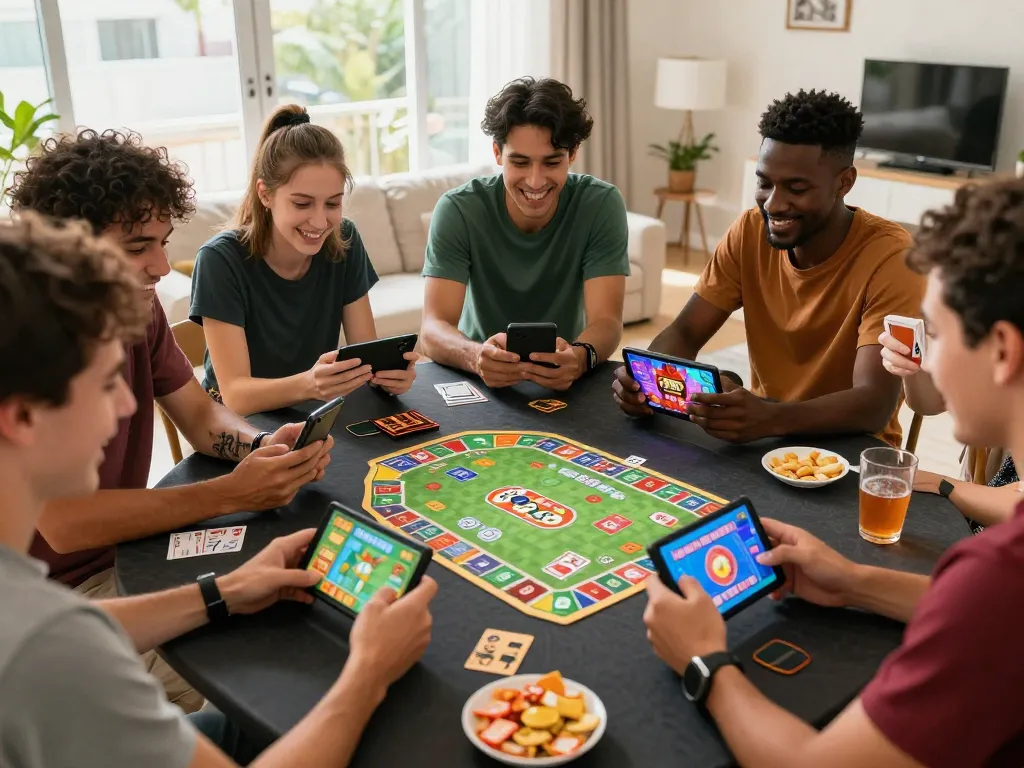 Groups of friends enjoying online games on mobile devices at home, with Rikvip games showcased.