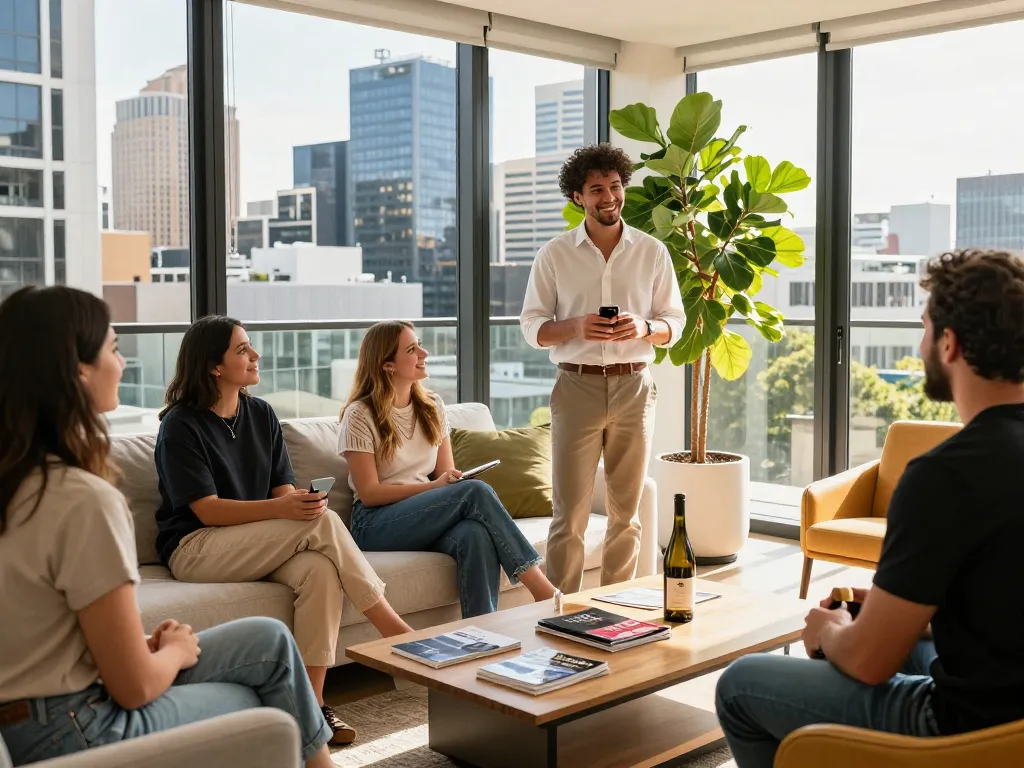 Engaging scene of Airbnb management in Melbourne with a welcoming host and vibrant apartment decor.