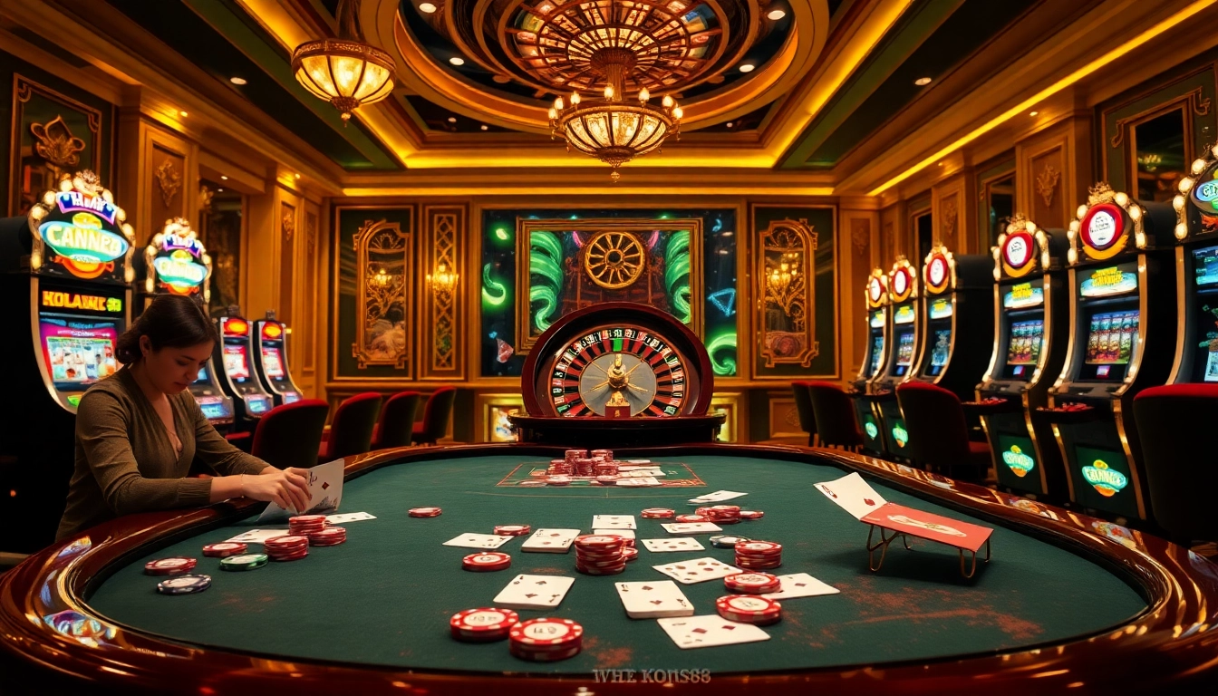 Players placing bets at the poker table in Nhà cái KONG88's luxurious casino.