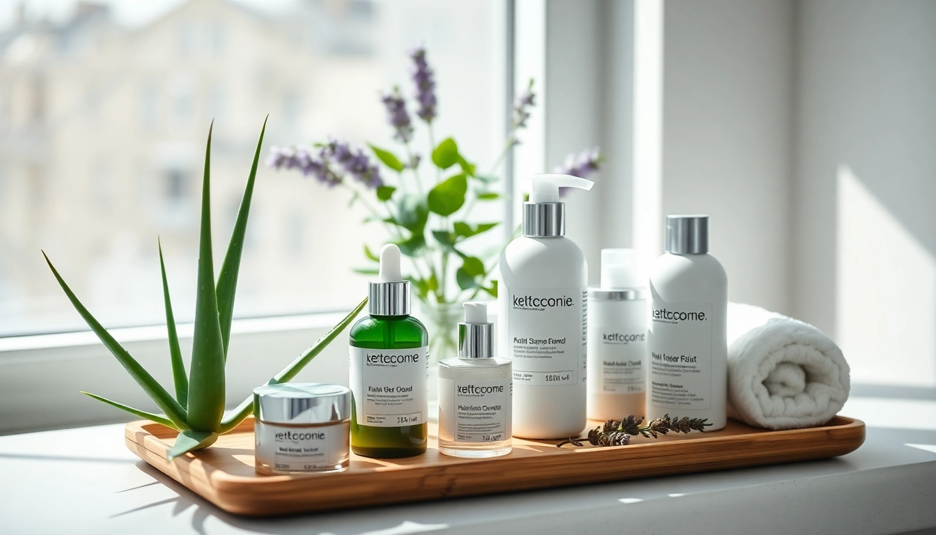 Microbiome friendly skincare products displayed elegantly in a serene bathroom setting promoting holistic skincare.