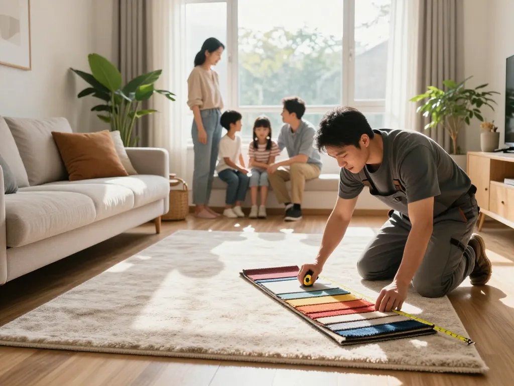 Home carpet fitting services in a cozy living room with a professional installer measuring carpet.