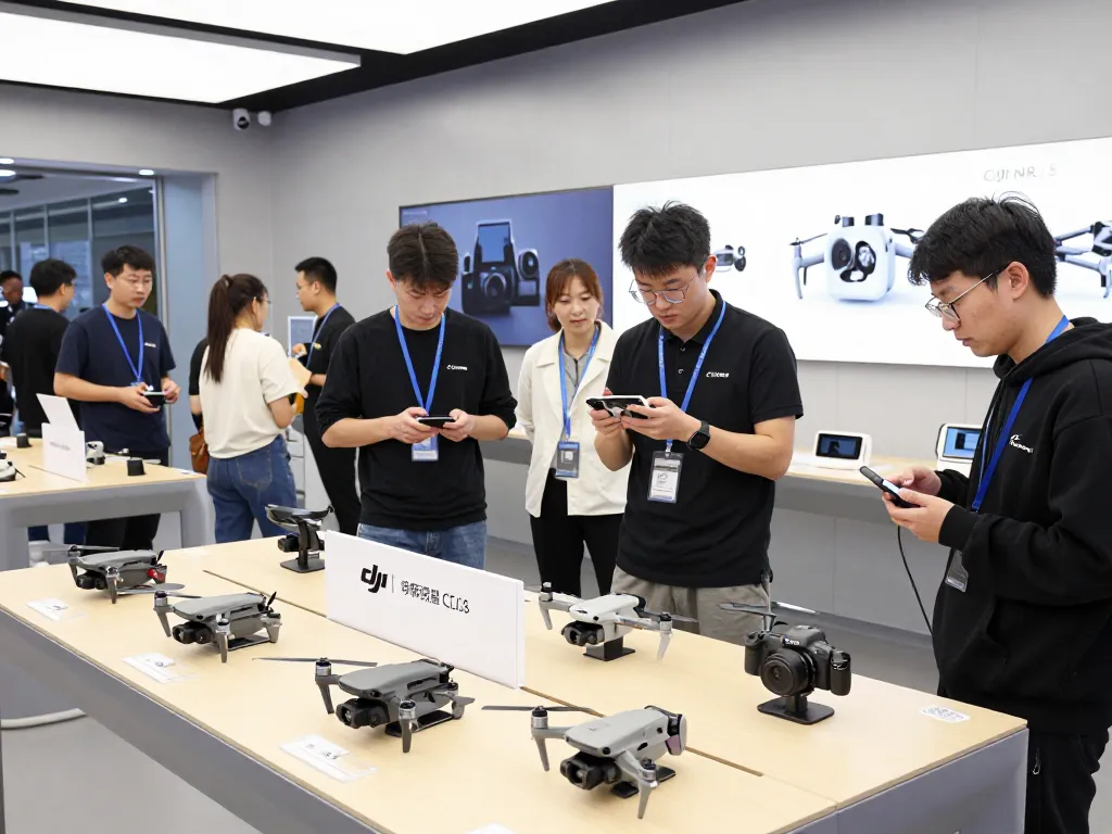 Experience the innovative DJI store with customers exploring the latest drones and accessories.