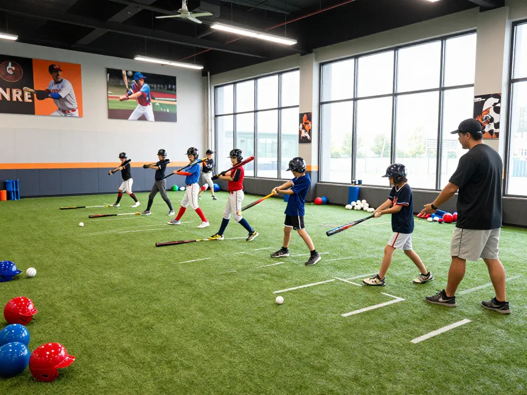 Dynamic training at hitclub with young athletes practicing baseball hitting techniques.