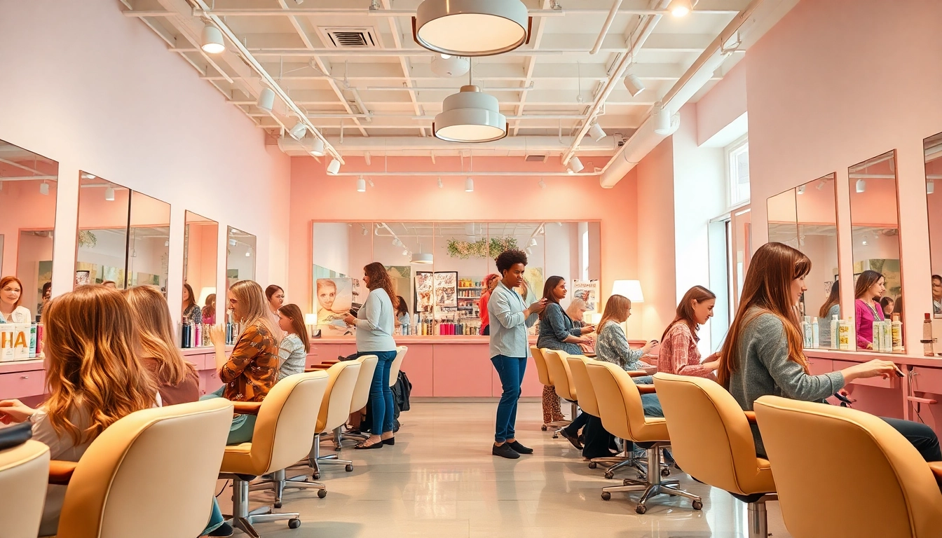 peluquería cerca de mí featuring a modern salon interior with happy customers and stylish haircuts