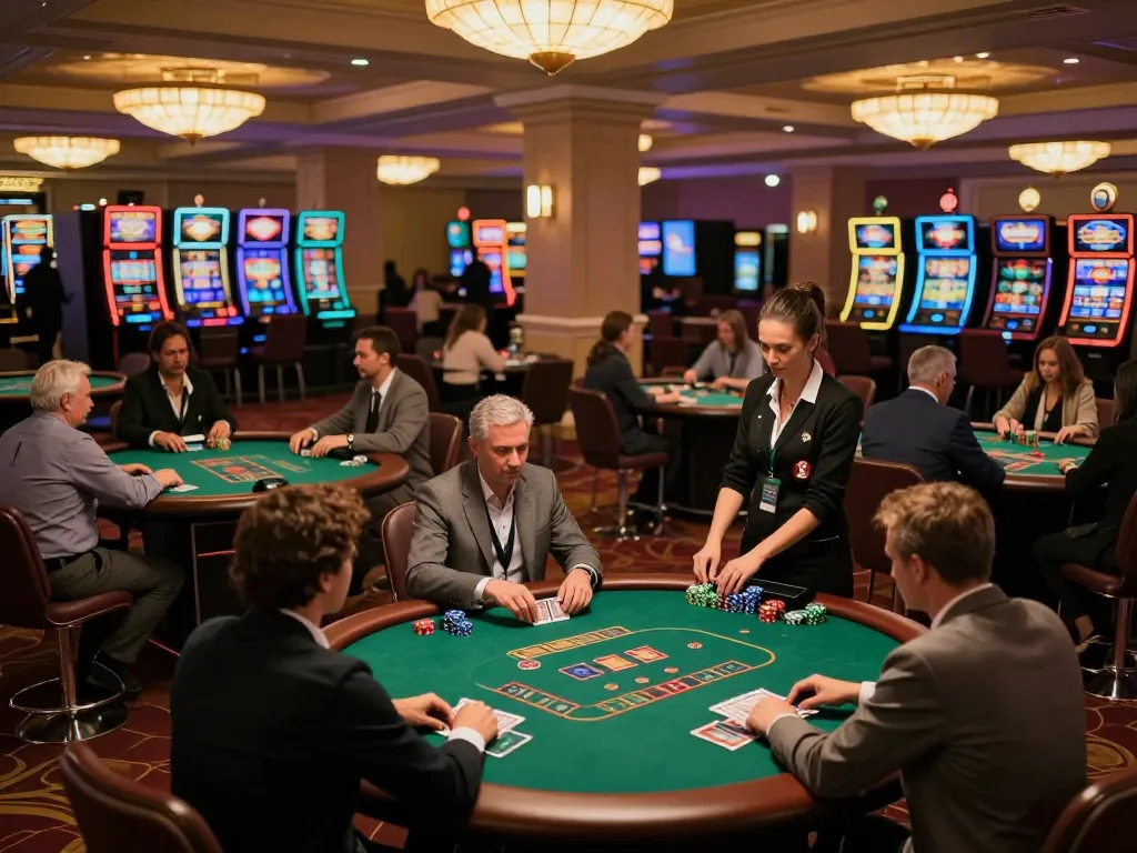 Players engage at a man club poker table, showcasing chips and cards in an upscale casino atmosphere