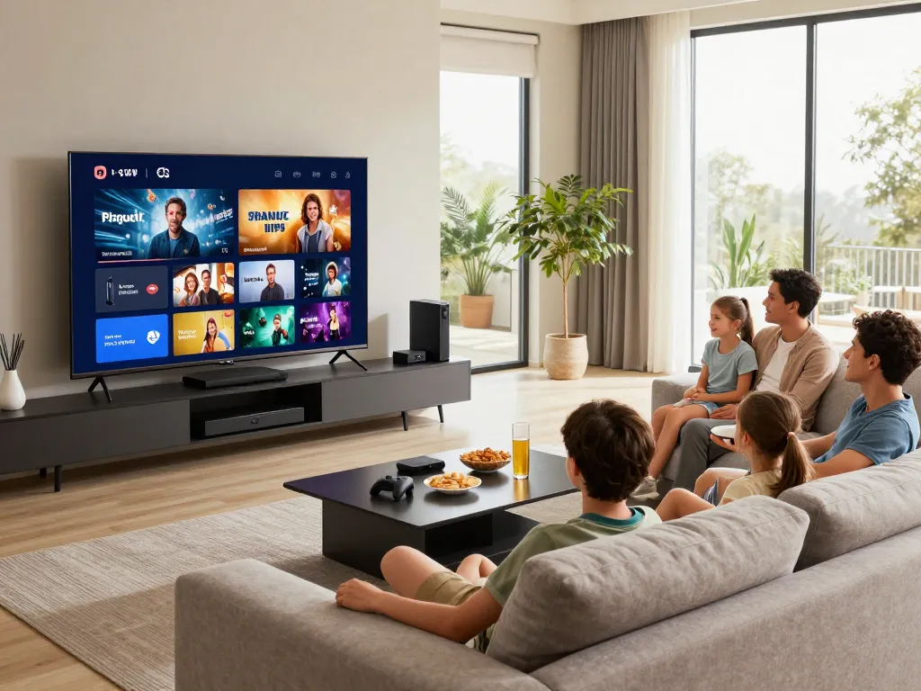 Family enjoying IPTV deutschland streaming on a large smart TV in a cozy living room.
