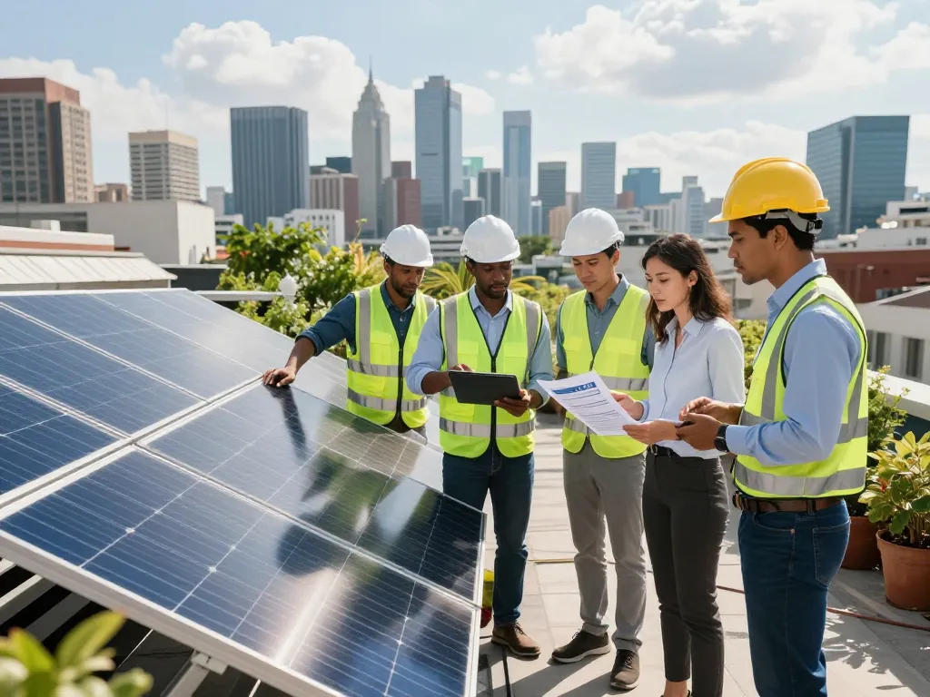 Team discussing contrato PPA energía solar on urban rooftop with solar panels and skyline.