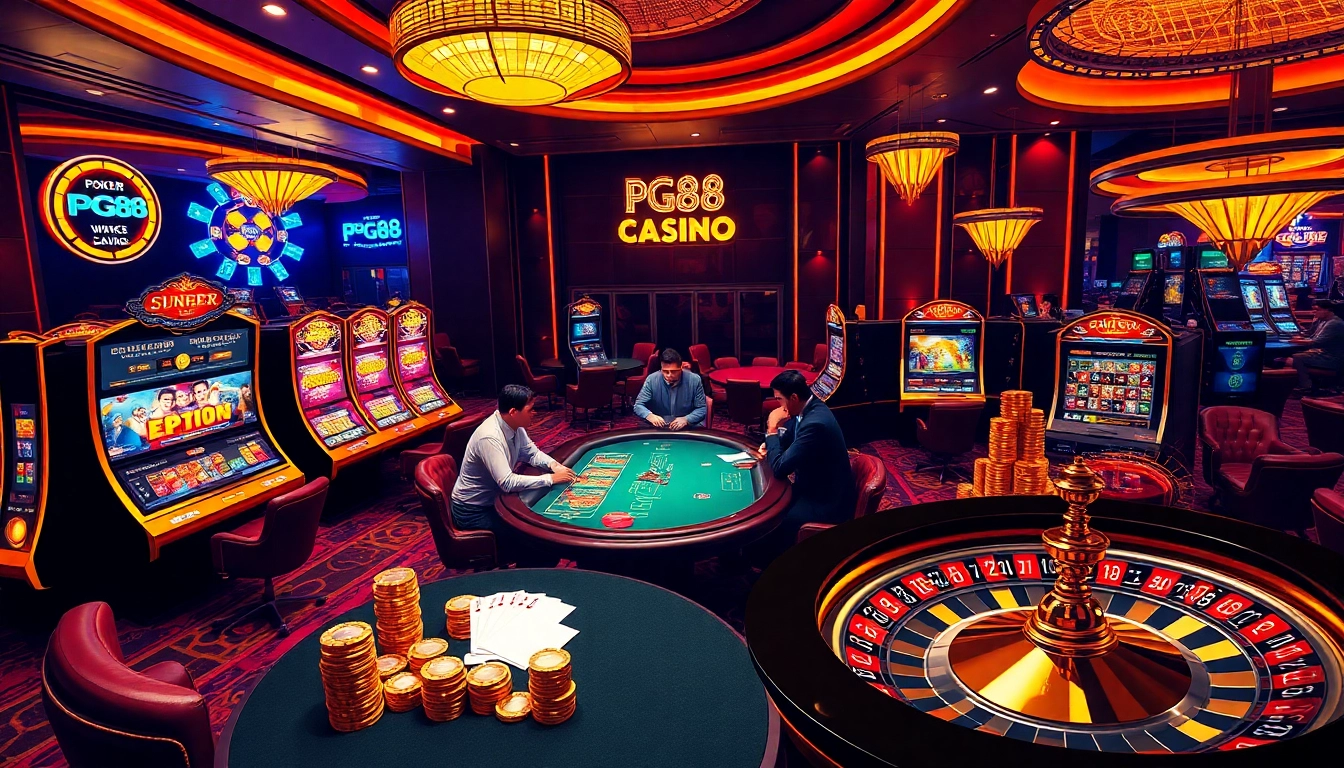 Engage in thrilling PG88 online gaming with luxurious casino tables and vibrant slot machines.