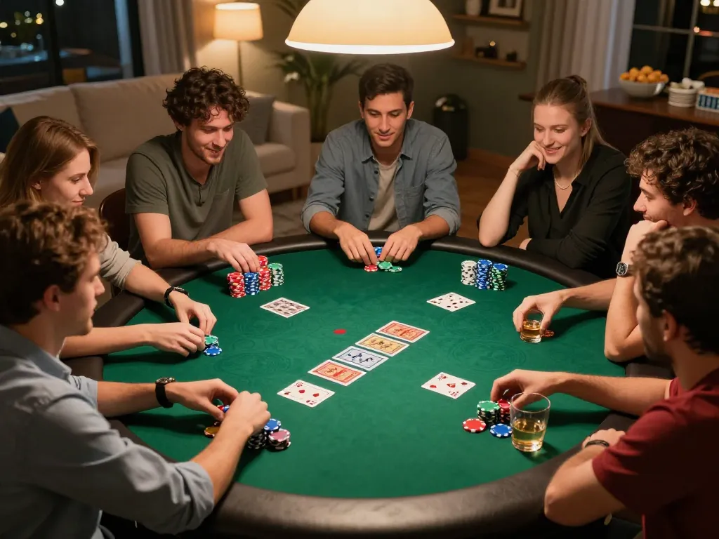 Players enjoy a lively poker night at home, showcasing interactive gameplay around a table, as they engage with net88.de.com for an exciting experience.