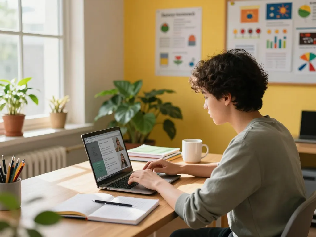Tuition in London - Engaged student learning online in a cozy, inviting study space.