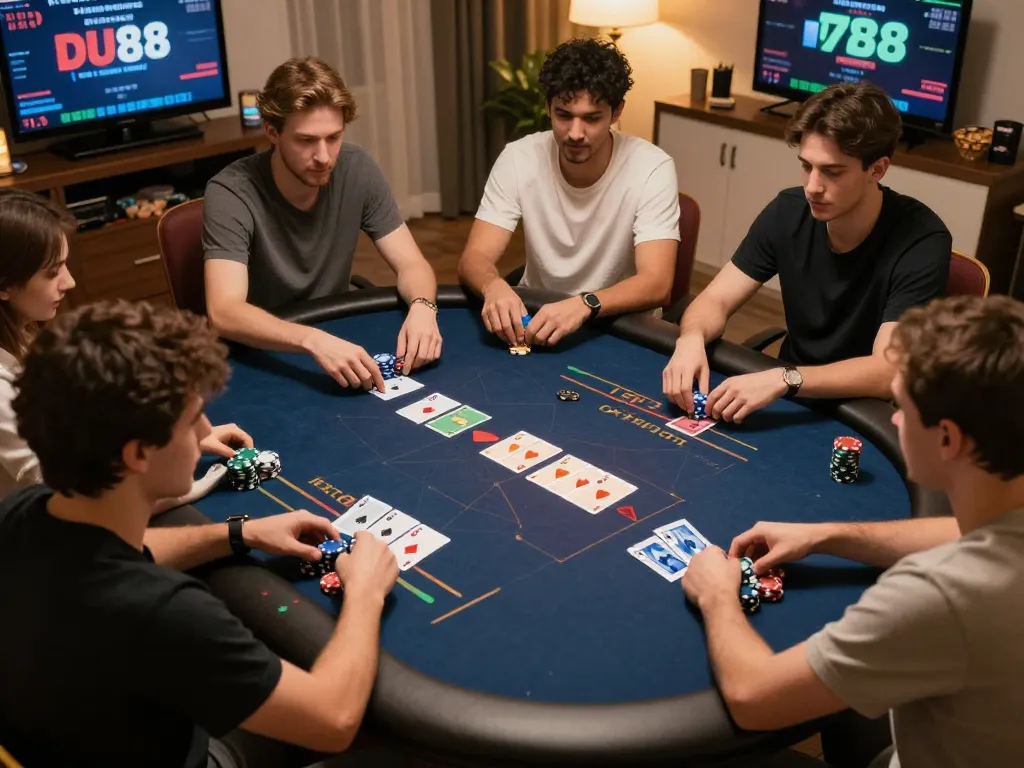 Players strategizing in an online poker game on DU88, showcasing thrilling gameplay and interaction.
