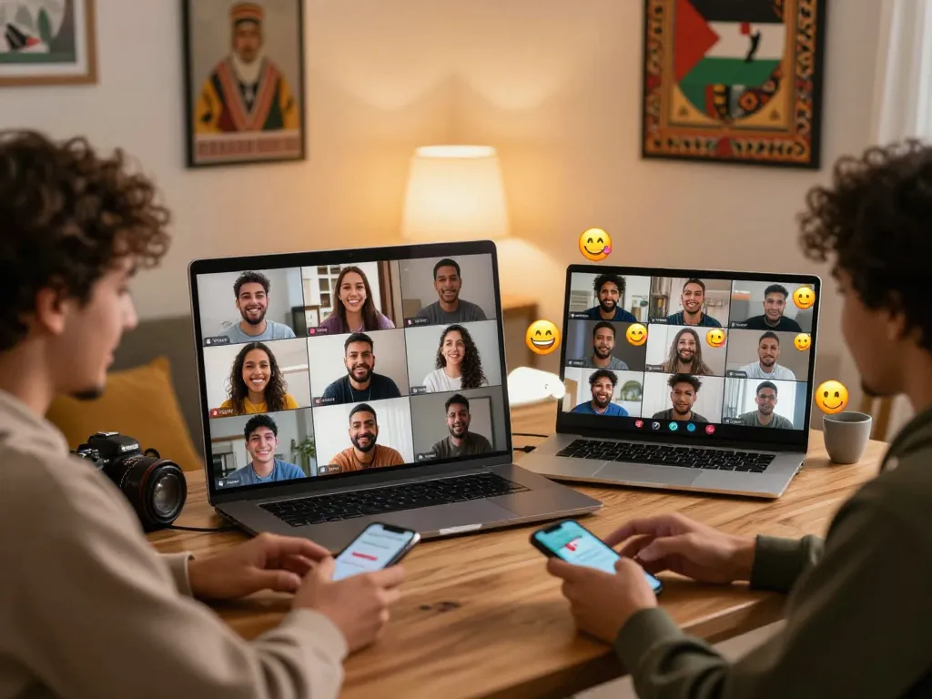 Diverse friends enjoying دردشة فلسطين on their devices in a warm, inviting atmosphere.