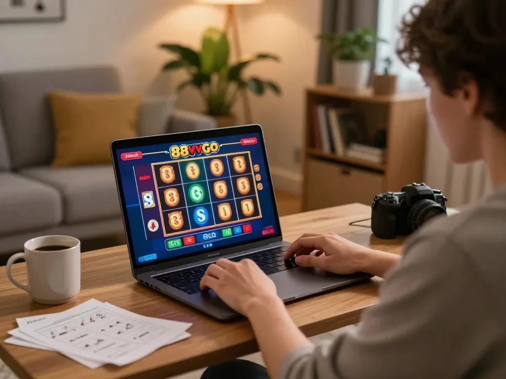 Player enjoying 88vvgo online slot game on laptop in cozy home setting