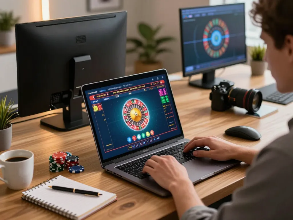 Player engaging with mb66-t online gaming platform, showcasing a vibrant roulette game on laptop screen in cozy home setup