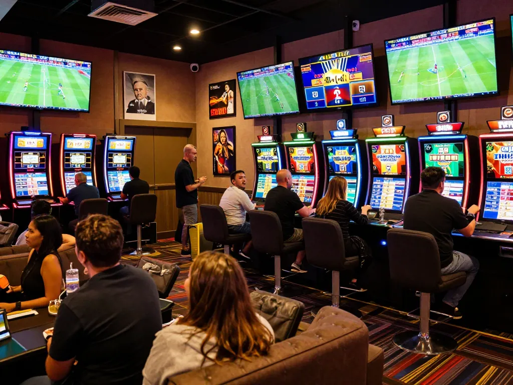 Experience the excitement of sports betting at CAKHIATV with lively patrons and betting options displayed