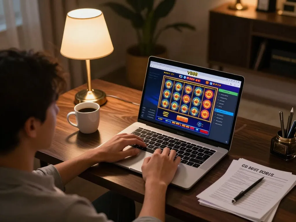 Engaged player using VB88 online casino interface on laptop during home gaming session.
