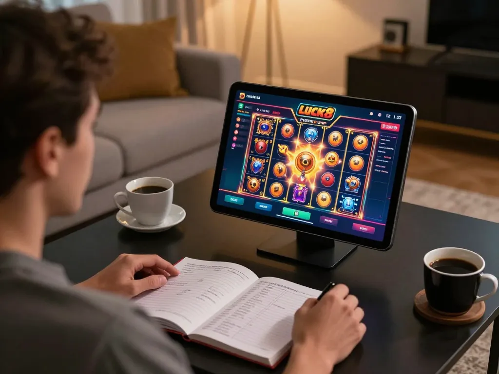 Player enjoying advances on the luck8 casino app in a cozy living room.