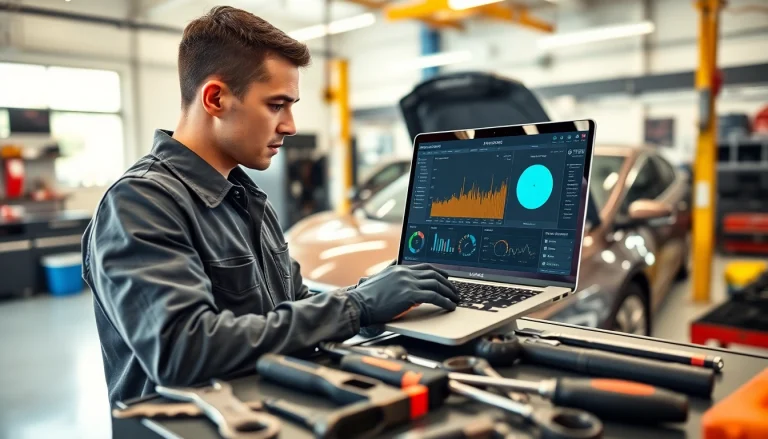 Mechanic analyzing data on AI-driven system, demonstrating how AI can speed up car warranty claims.