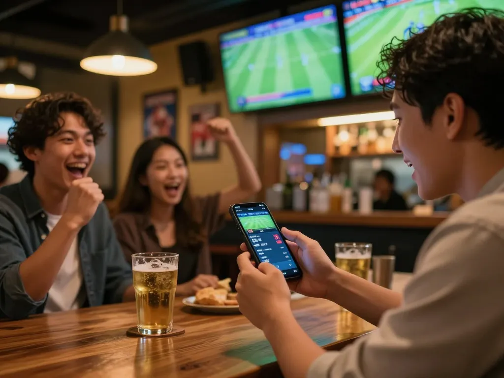 Excited sports bettor using keo nha cai 5 app to place live bets on matches.