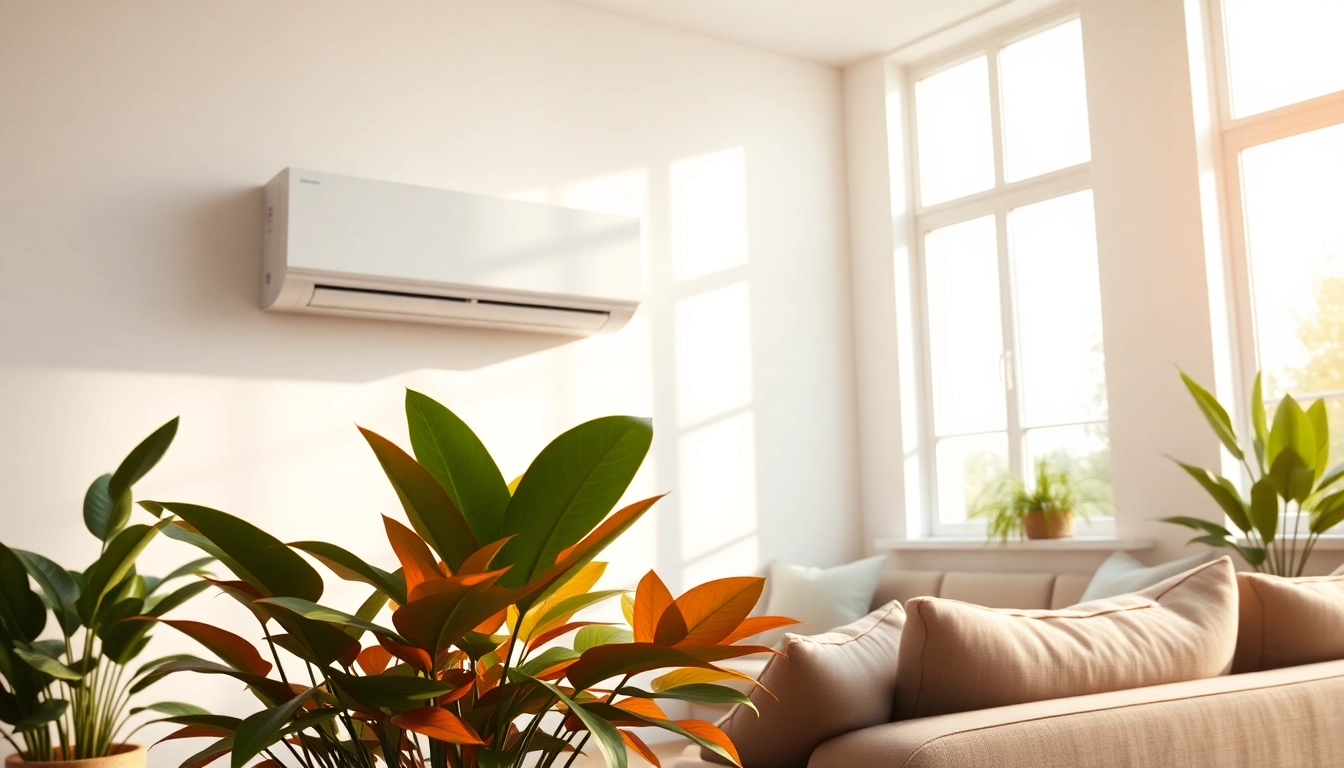 Highlighting a Mitsubishi mini split AC installed in a contemporary living room with a bright and inviting ambiance.