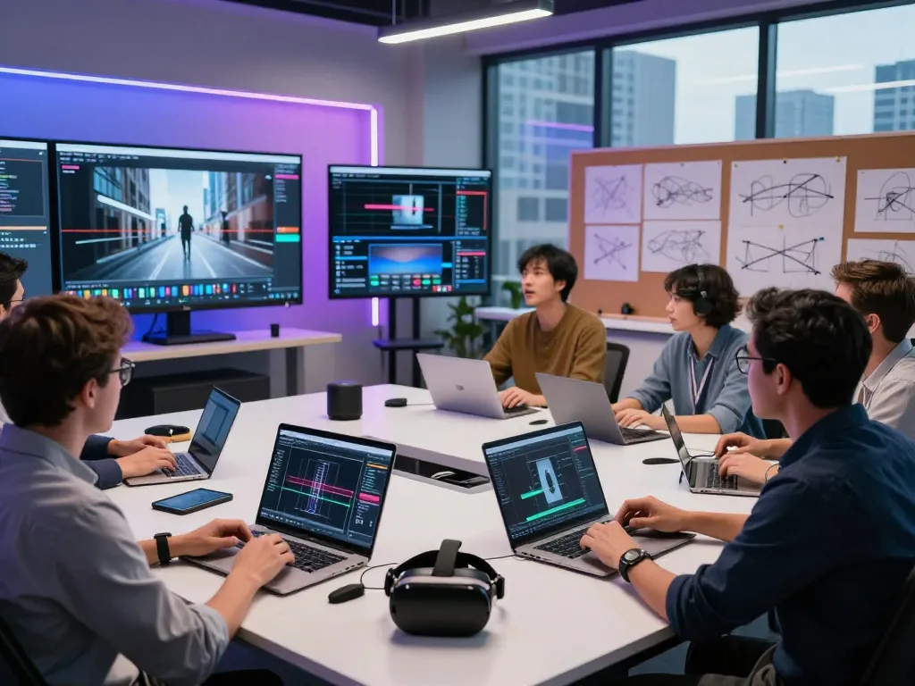 Dynamic studio scene with professionals using Kling motion ai for innovative video generation.