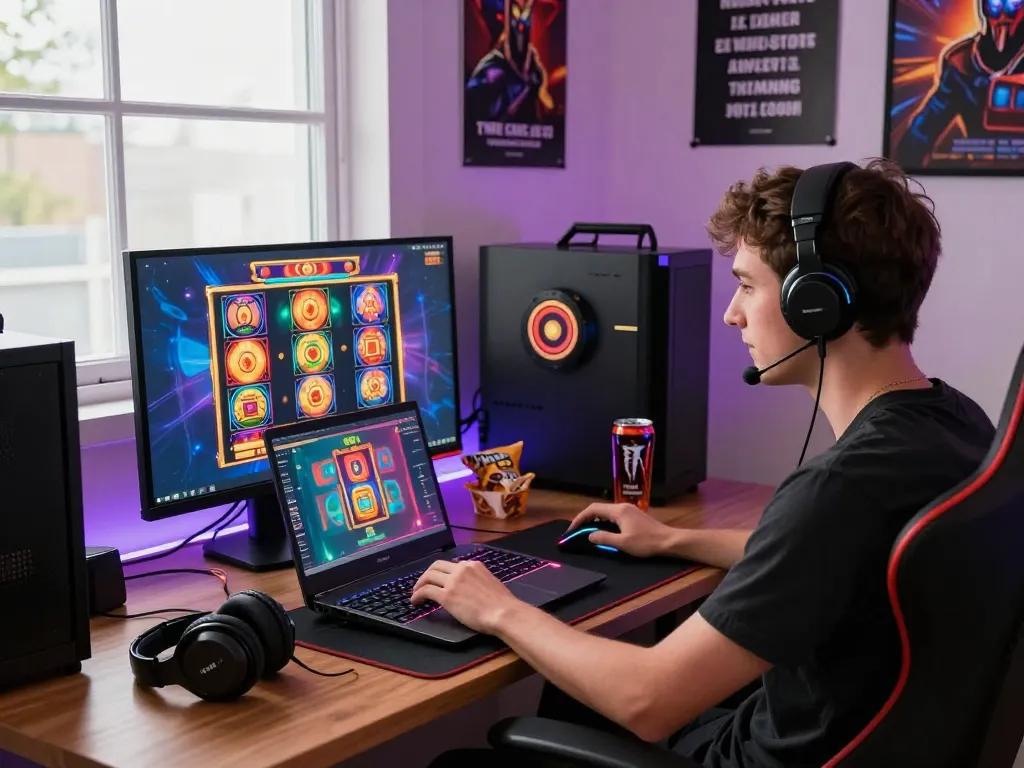 Exciting betflix slots gaming experience at a modern workstation with vibrant graphics and gaming accessories.