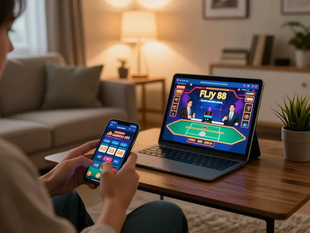 Player enjoying fly 88 app on smartphone during cozy home gaming session