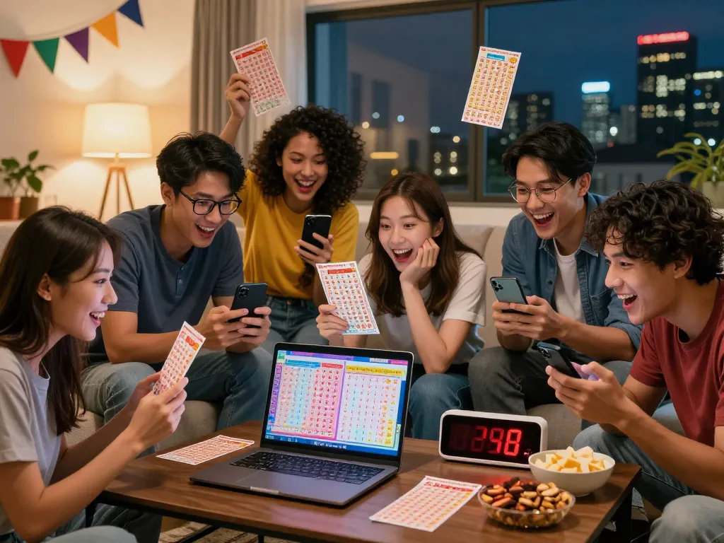 Sekelompok orang memeriksa hasil lotere Pengeluaran HK bersama di ruang tamu yang nyaman, menunjukkan kegembiraan dan perangkat digital.