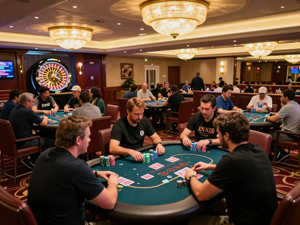 Players at RED88 casino enthusiastically engaged in poker gameplay with warm ambient lighting.