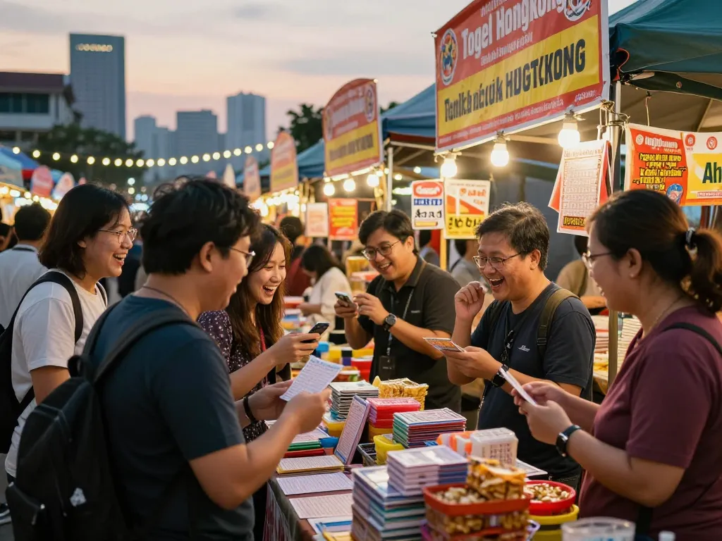 Suasana menarik teman-teman yang mendiskusikan strategi lotere Pengeluaran HK di pasar yang ramai.
