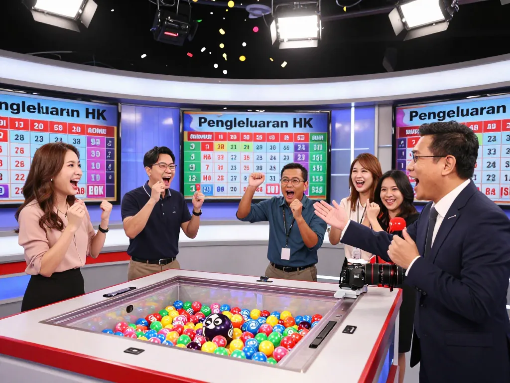 Pengumuman langsung hasil lotere Pengeluaran HK dengan pembawa acara dan bola berwarna-warni.