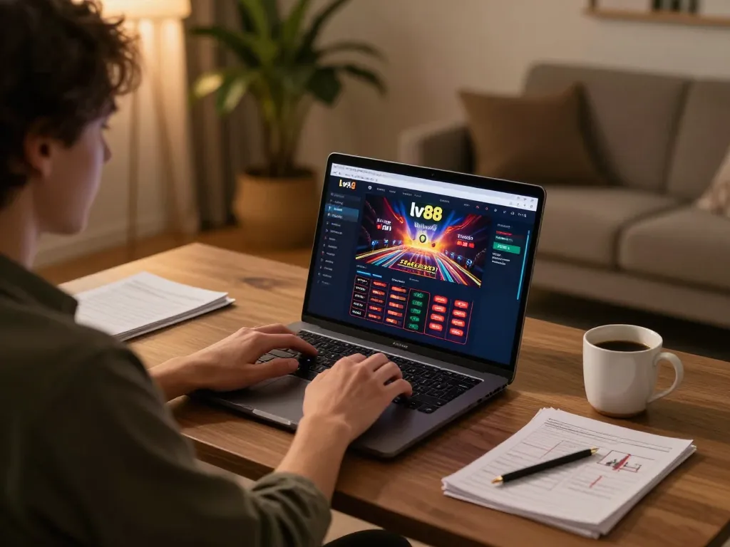 Engaged player at the lv88 homepage, enjoying an online casino experience in a cozy ambiance.
