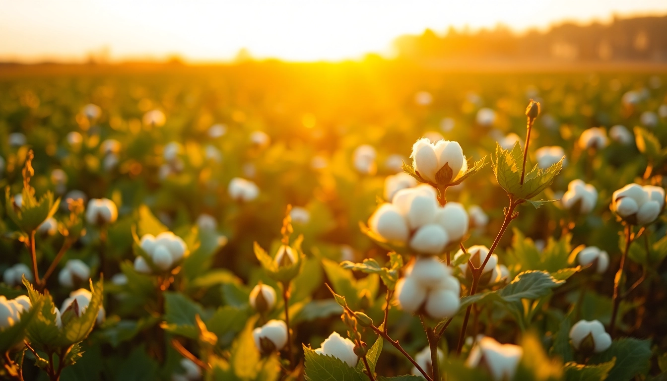 Katoenplanten in zonsondergang met rijke textuur en dynamische sfeer.