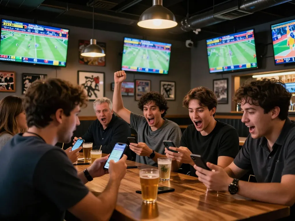 Sports betting excitement at a lively venue analyzing kèo nhà cái odds on smartphones