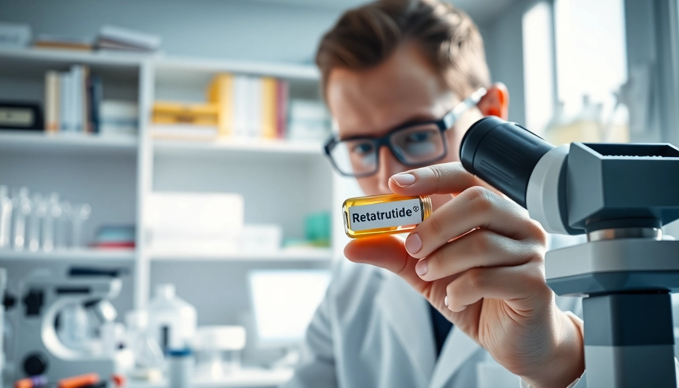 Examining Retatrutide in a bright laboratory with professional equipment and clean aesthetics.