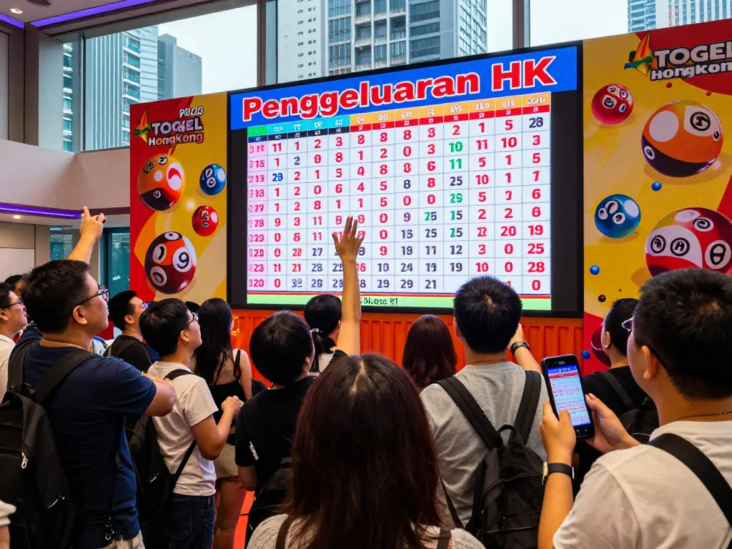 Peserta yang bersemangat pada acara Togel Hongkong langsung memeriksa hasil Pengeluaran HK di perangkat digital di bawah spanduk berwarna-warni.