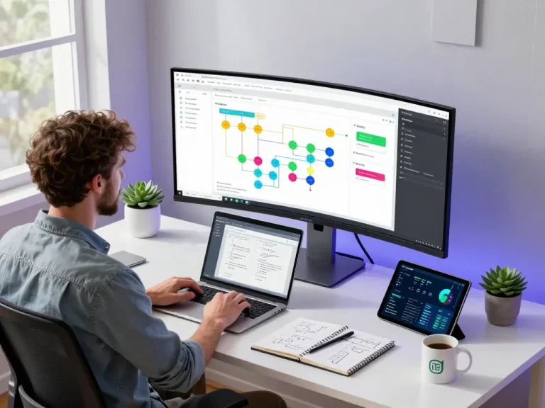Engineer using n8n for workflow automation in a modern workspace.