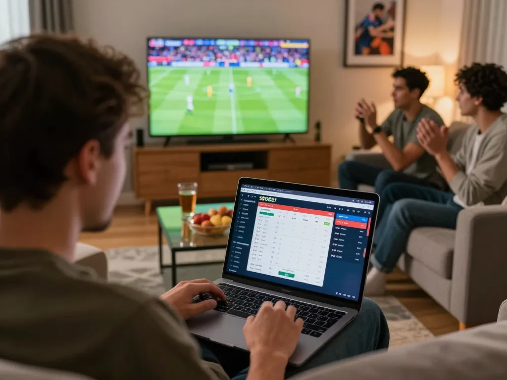 Penggemar taruhan olahraga SBOBET berinteraksi dengan pertandingan langsung dan antarmuka taruhan online di pengaturan rumah yang hidup.