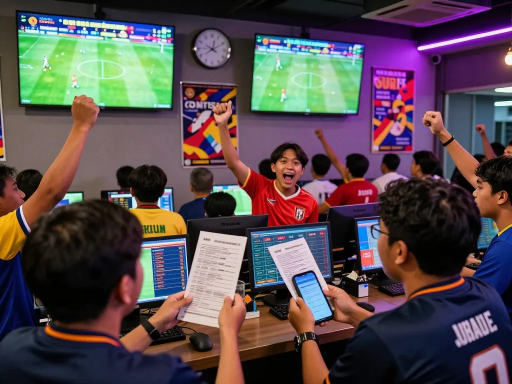 Excited fans engaging in Judi Bola betting at a lively football match venue.