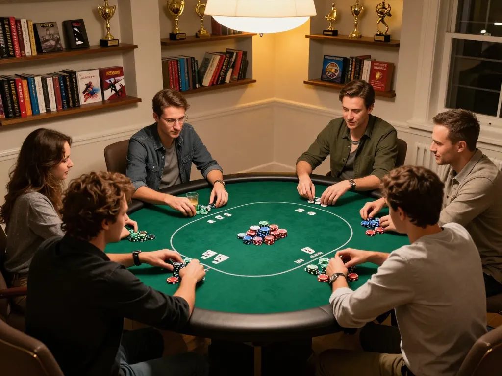 Bạn bè tận hưởng một trò chơi poker sôi động tại nhà với các yếu tố chiến lược 12bet hiện diện