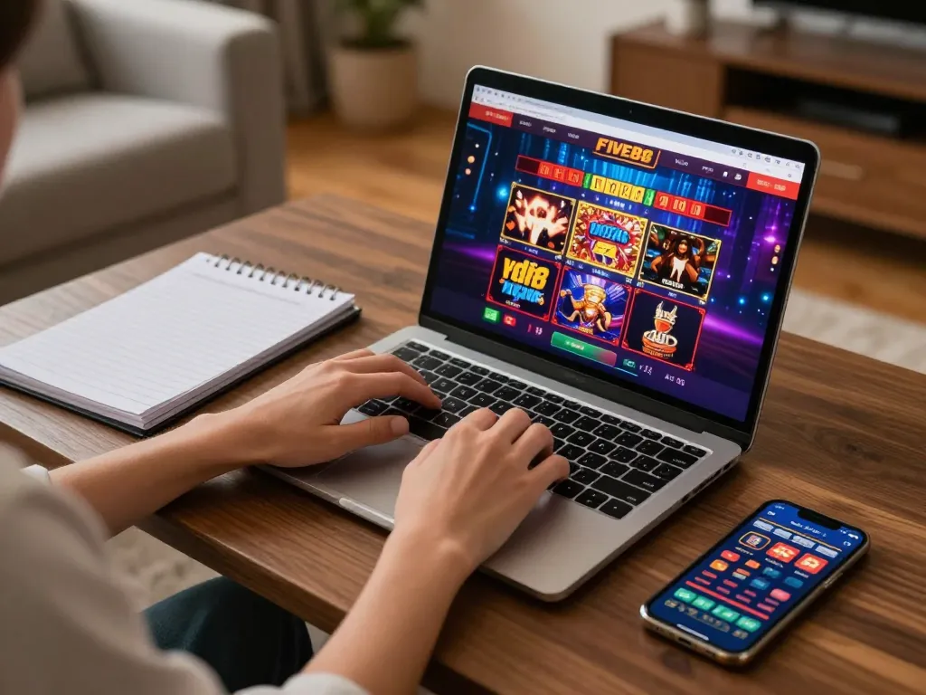 Enjoying online casino games at home with FIVE88 on laptop and strategic notes