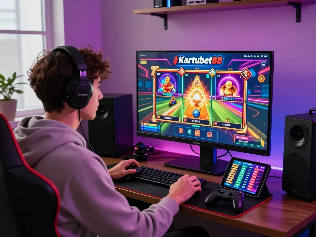 Kartubet88 online gaming scene with a player enjoying vibrant slot games in a colorful setup