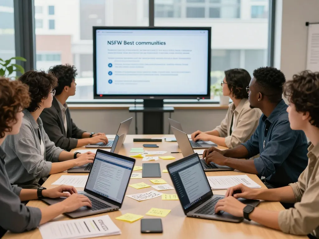 Team discussing NSFW guidelines in a modern workspace with laptops and sticky notes.