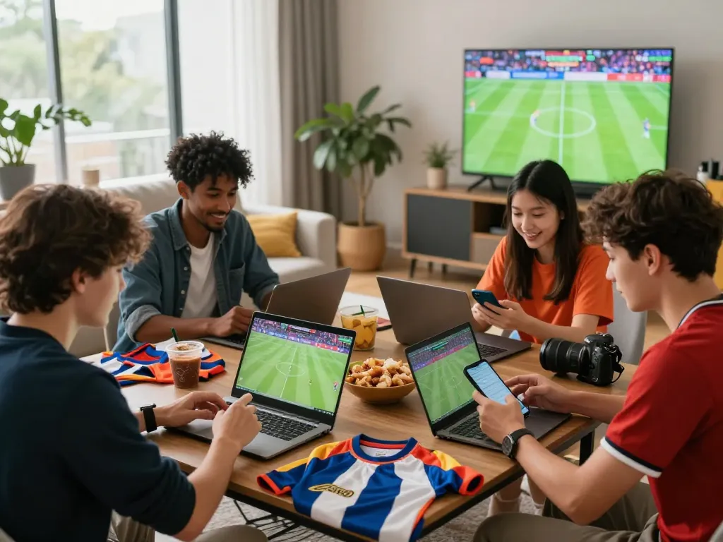 Friends engaging in online betting through OKFUN on laptops and smartphones in a lively living room.