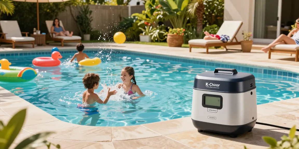 Best chlorinator for inground pools featured in a sunny family pool scene with vibrant plants and happy children.