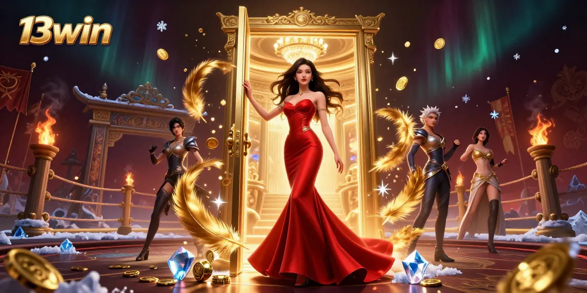 Experience the excitement of 13win with vibrant casino elements and a stunning VIP entrance.