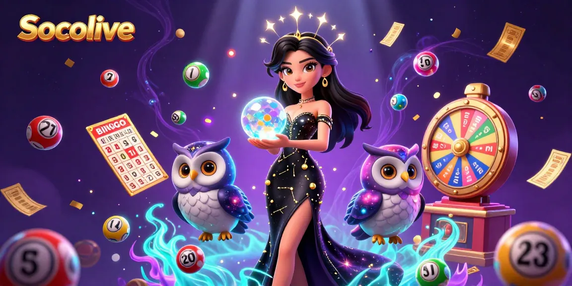 Socolive immerses players in a vibrant gambling universe with a stunning woman and mystical owl surrounded by colorful lottery elements.