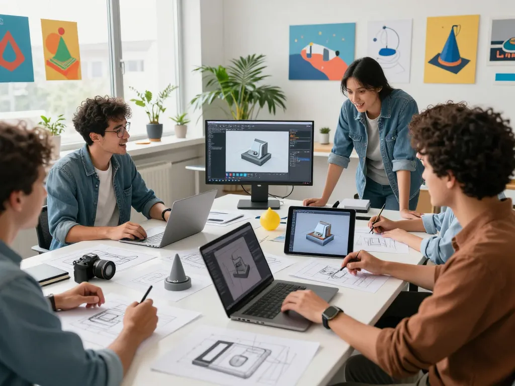 Transform images to 3D models in a vibrant design studio with collaborative team using advanced tools.